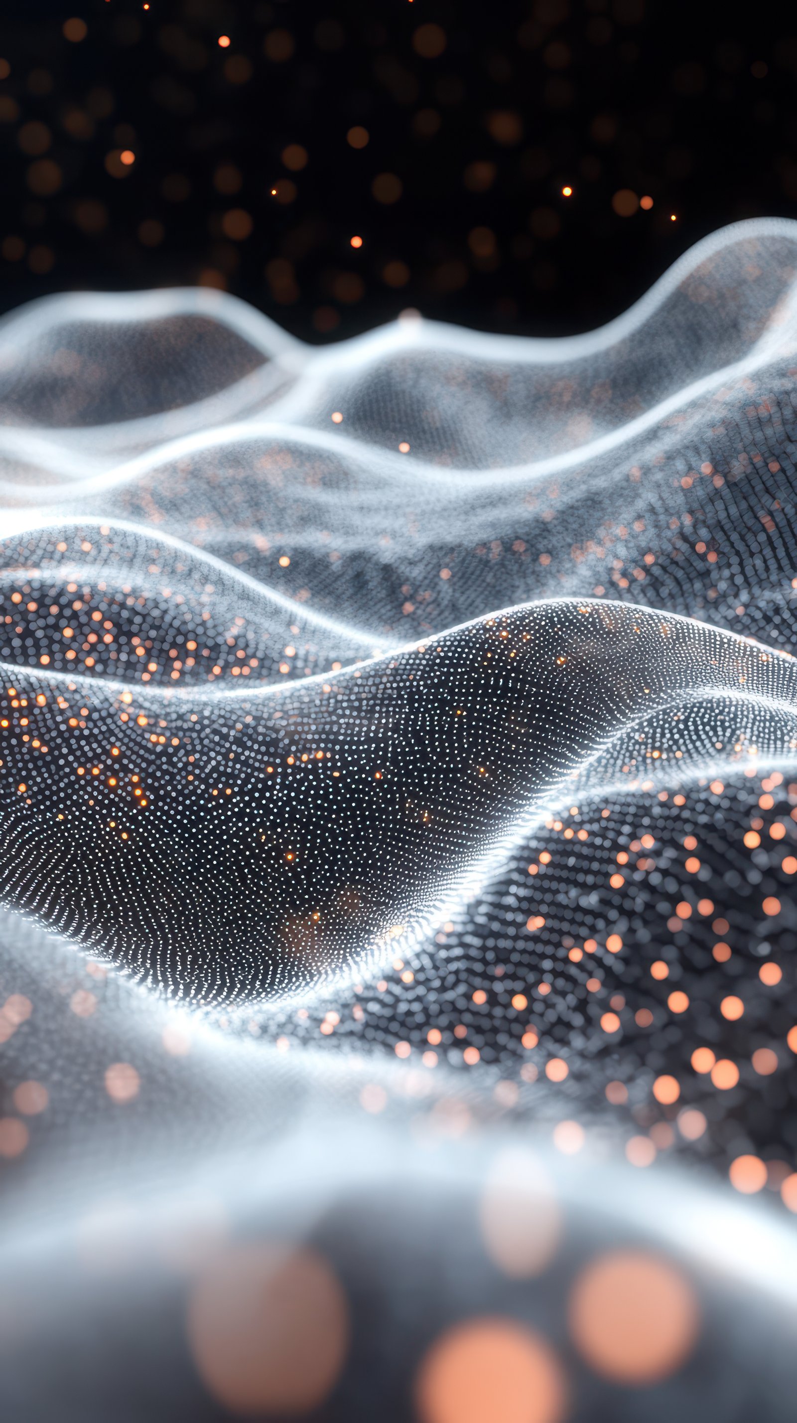Soft waves of light and particles create a dreamlike atmosphere in a dark space